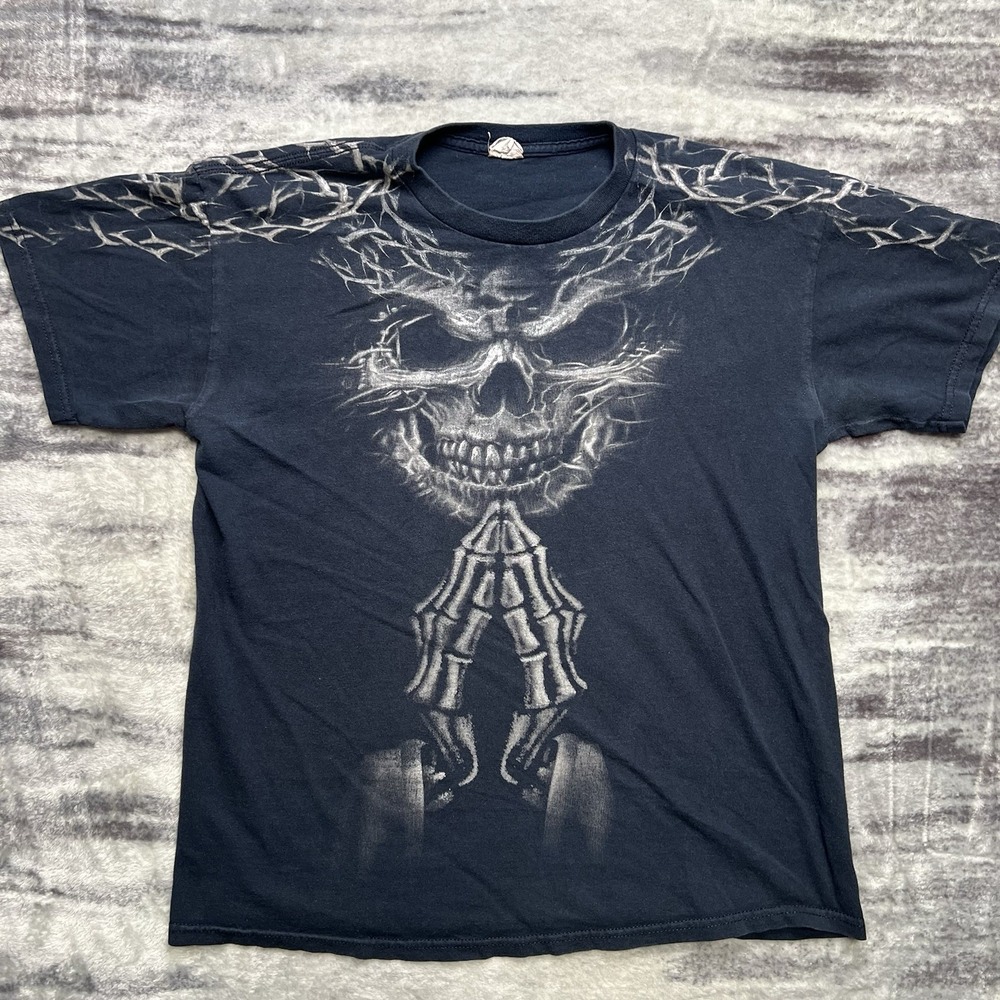 Vintage Y2K Men's Medium Praying Skull Barbed Wire Skeleton Retro Goth Reaper